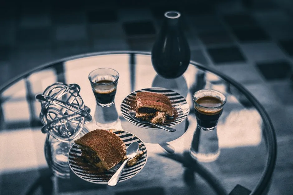 Rebanadas de tiramisu y tazas de espresso sobre una mesa de cristal reflectante crean un ambiente clásico y elegante.