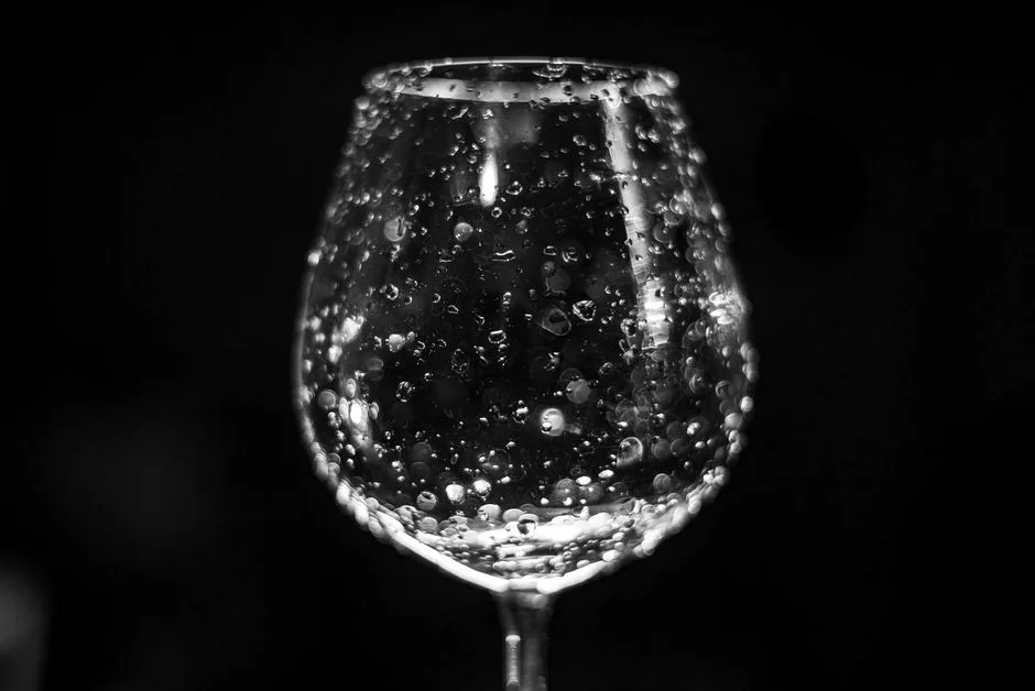 Foto artística en blanco y negro de una copa de vino cubierta de agua destacando reflejos.